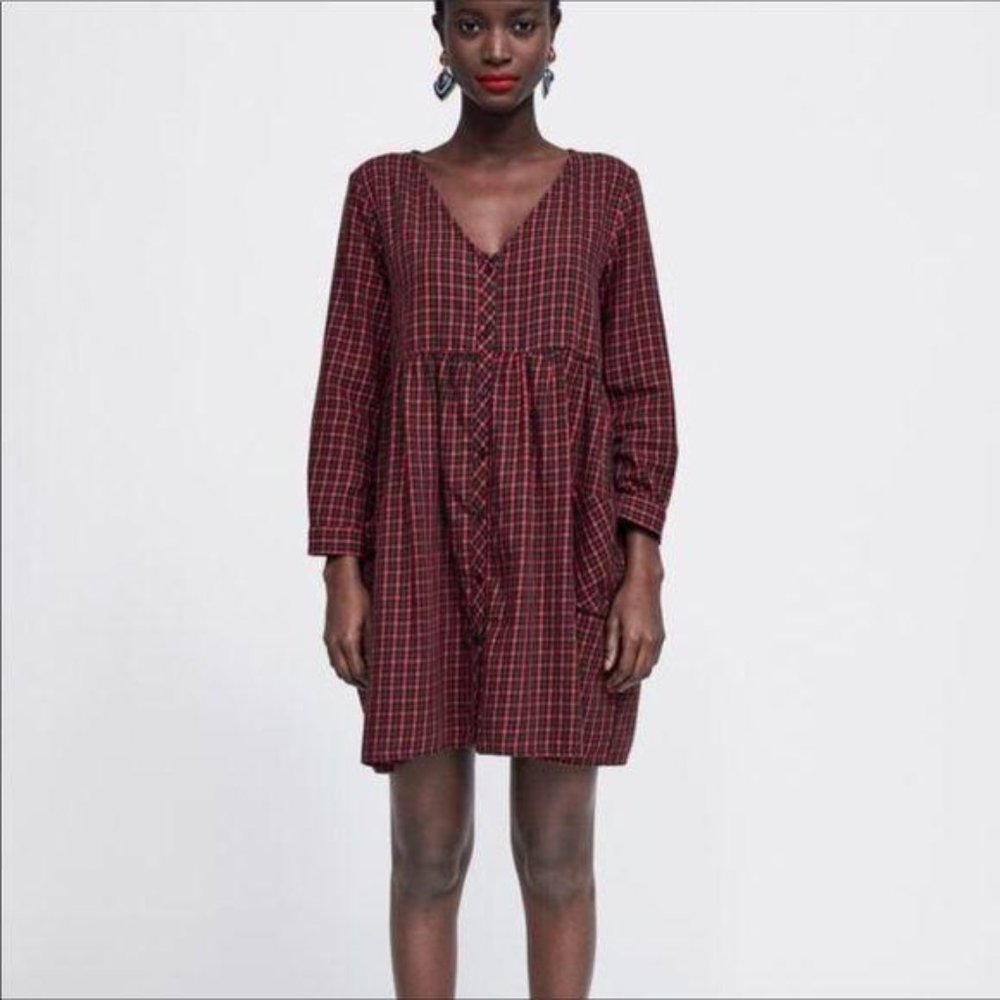 Zara Oversized Long Sleeve V Neck Plaid Dress M